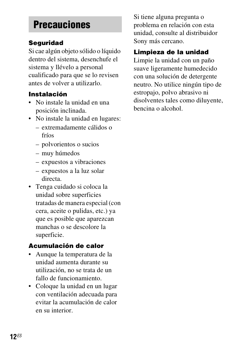 Precauciones | Sony DAV-HDX279W User Manual | Page 36 / 40