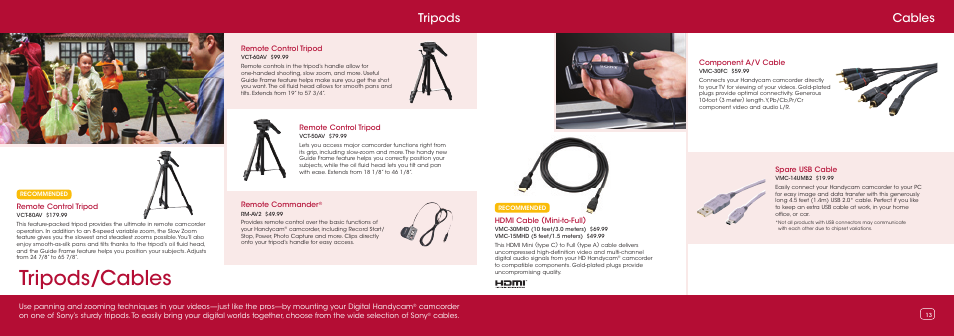 Tripods/cables, Cables, Tripods | Sony HDR-SR11 User Manual | Page 7 / 9