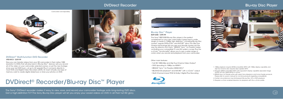 Dvdirect, Recorder/blu-ray disc, Player | Blu-ray disc player dvdirect recorder | Sony HDR-SR11 User Manual | Page 9 / 9