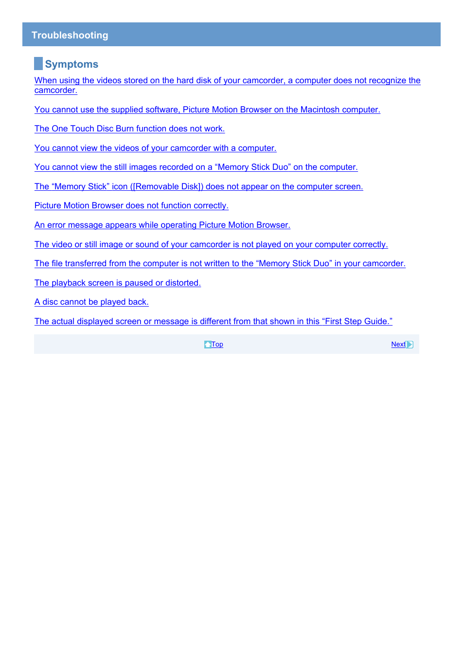 Troubleshooting, Symptoms | Sony HDR-SR1 User Manual | Page 46 / 51
