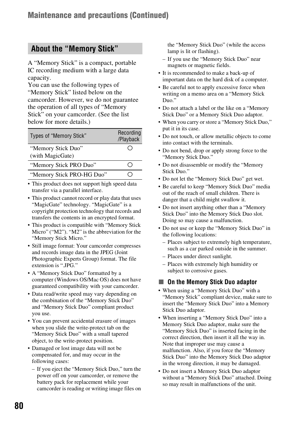 About the “memory stick, P. 80), P. 80 | Maintenance and precautions (continued) | Sony DCR-HC62 User Manual | Page 80 / 116
