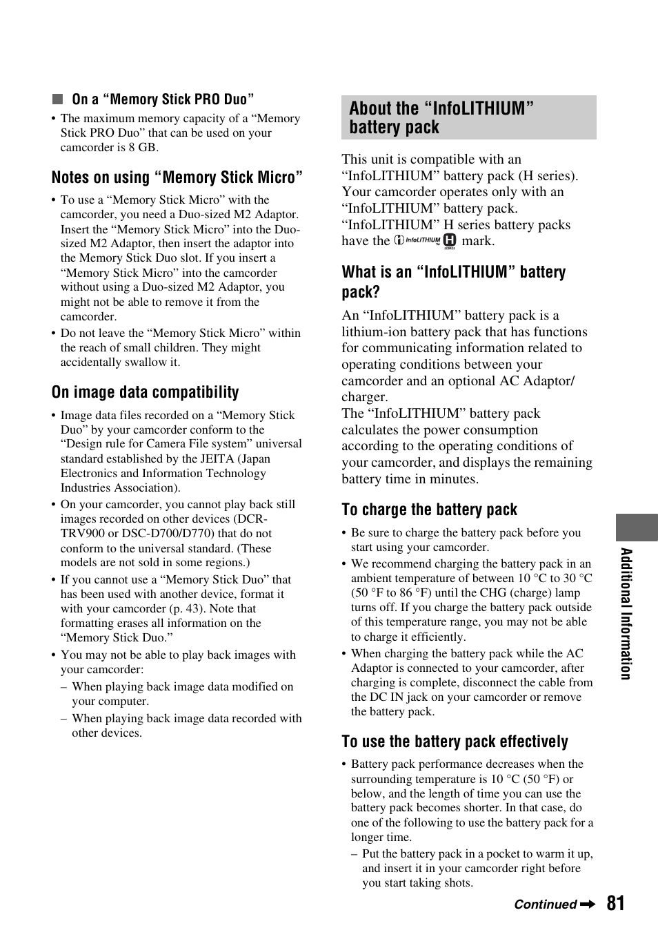 About the “infolithium” battery pack, About the “infolithium” battery, Pack | P. 81, P. 81), On image data compatibility, What is an “infolithium” battery pack | Sony DCR-HC62 User Manual | Page 81 / 116