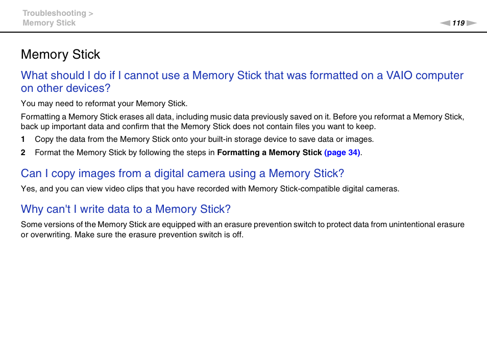 Memory stick | Sony VPCW111XX User Manual | Page 119 / 124