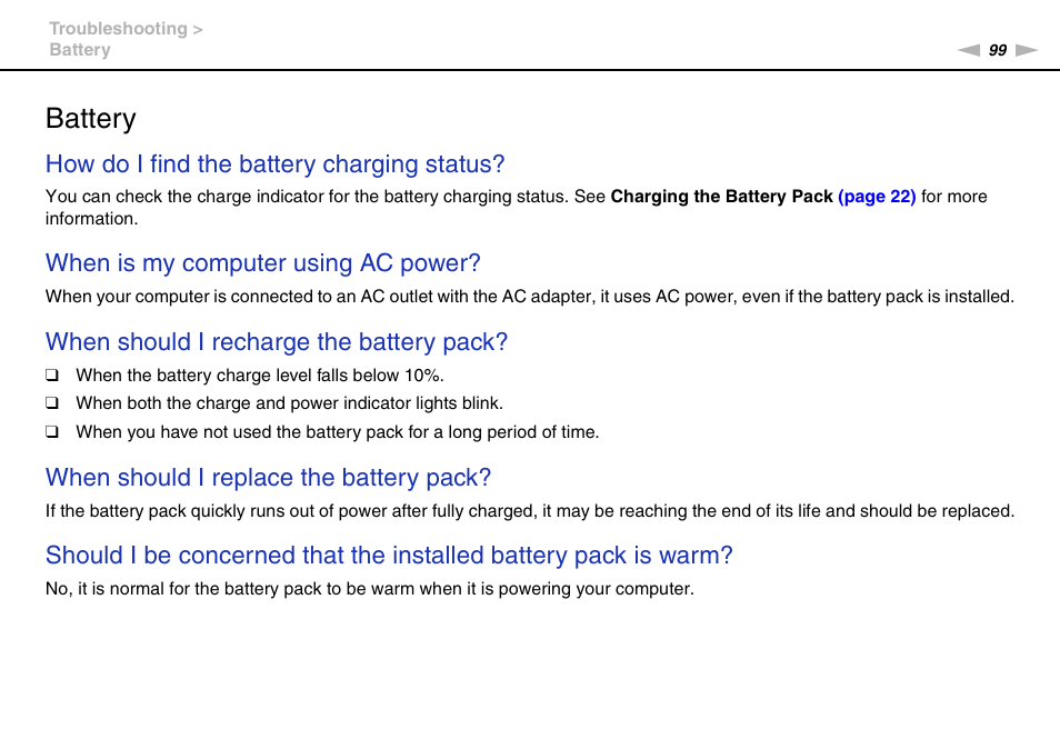 Battery, How do i find the battery charging status, When is my computer using ac power | When should i recharge the battery pack, When should i replace the battery pack | Sony VPCW111XX User Manual | Page 99 / 124