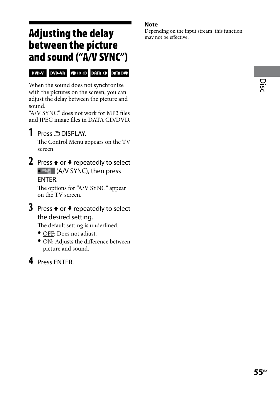 Adjusting the delay between the, Picture and sound (“a/v sync”) | Sony LBT-LCD77Di User Manual | Page 55 / 143