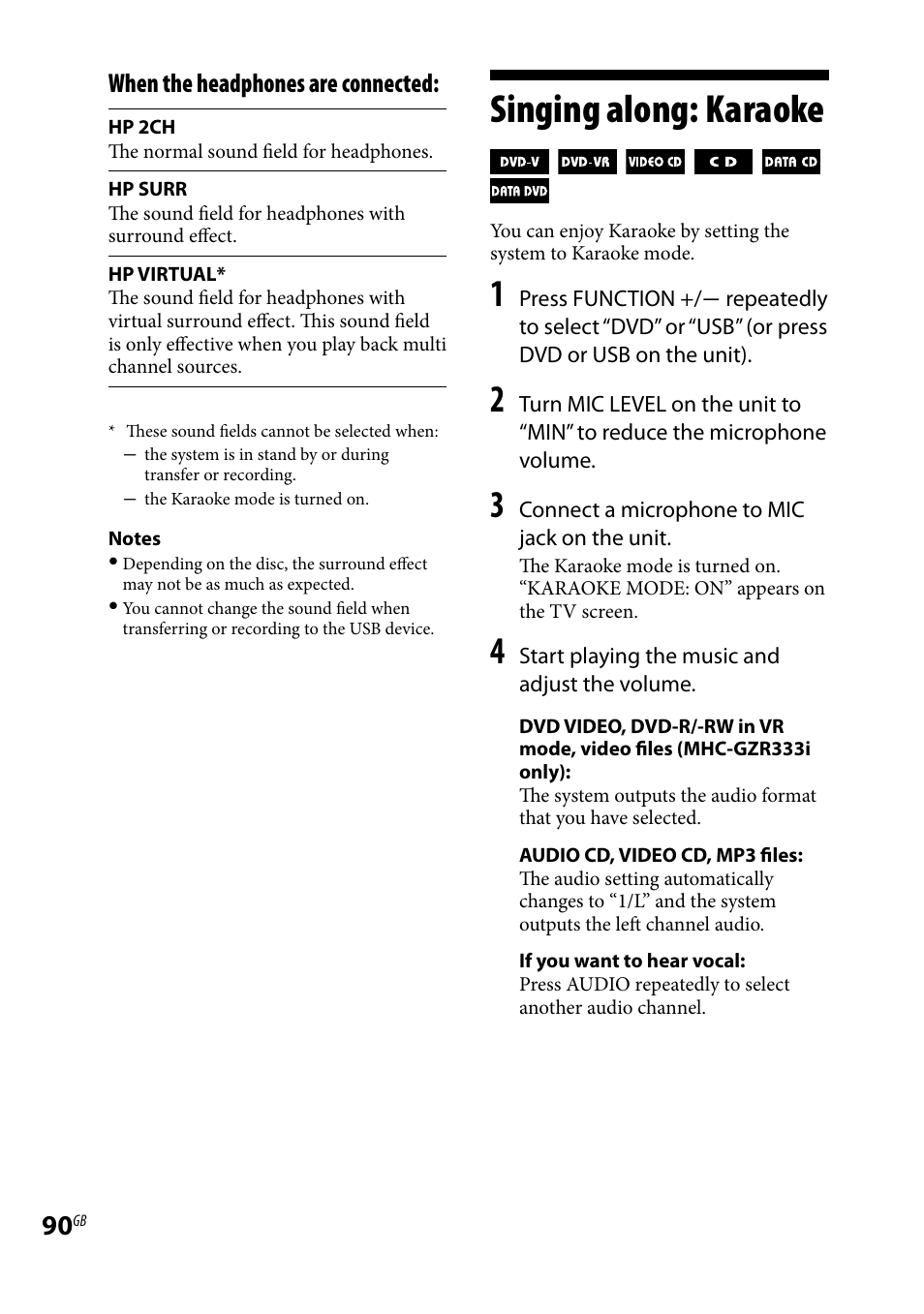 Singing along: karaoke, When the headphones are connected | Sony LBT-LCD77Di User Manual | Page 90 / 143