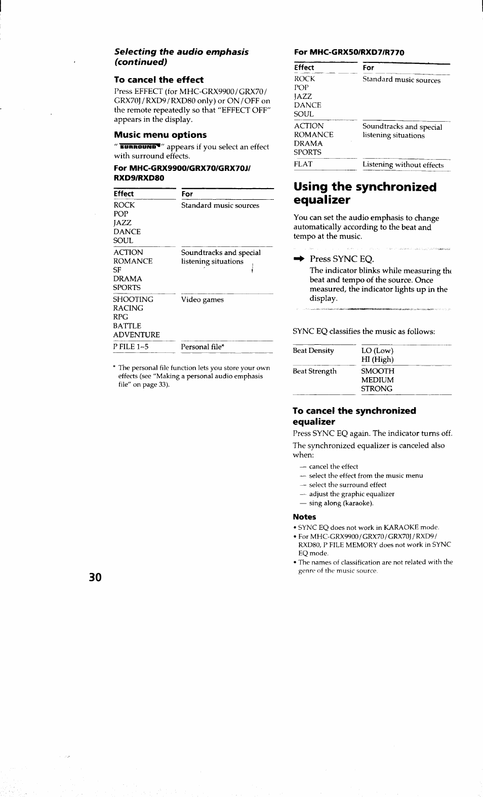 To cancel the effect, Music menu options, To cancel the synchronized equalizer | Using the synchronized equalizer | Sony MHC-RXD9 User Manual | Page 30 / 56