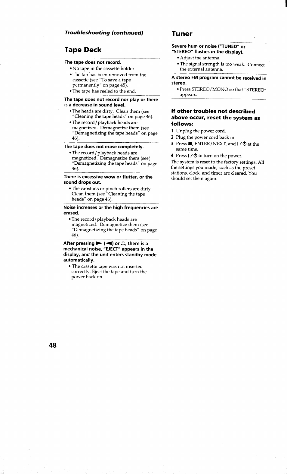 Tape deck, Tuner | Sony MHC-RXD9 User Manual | Page 48 / 56