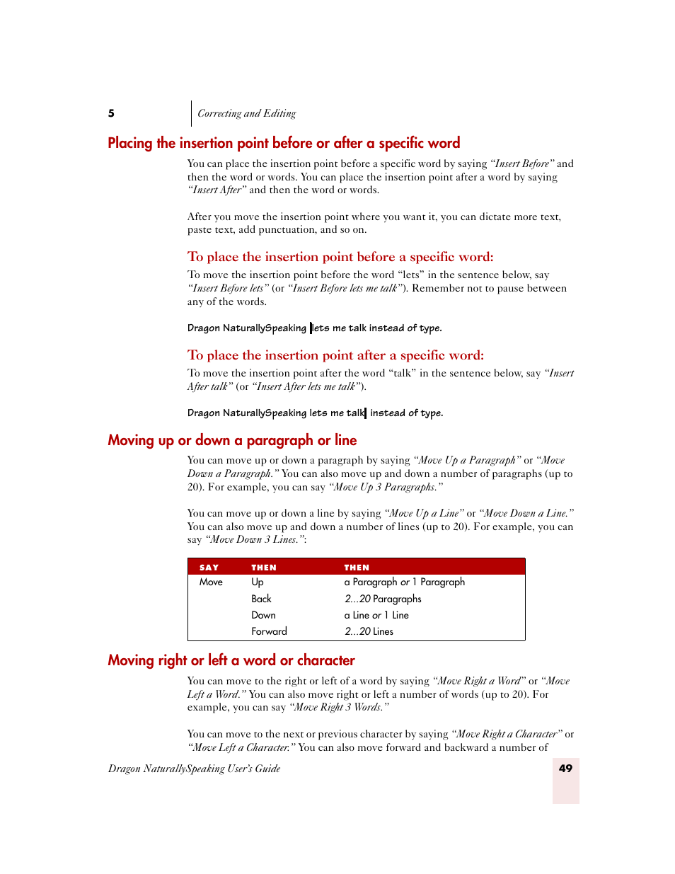 Moving up or down a paragraph or line, Moving right or left a word or character | Sony ICD-MS515VTP User Manual | Page 55 / 222