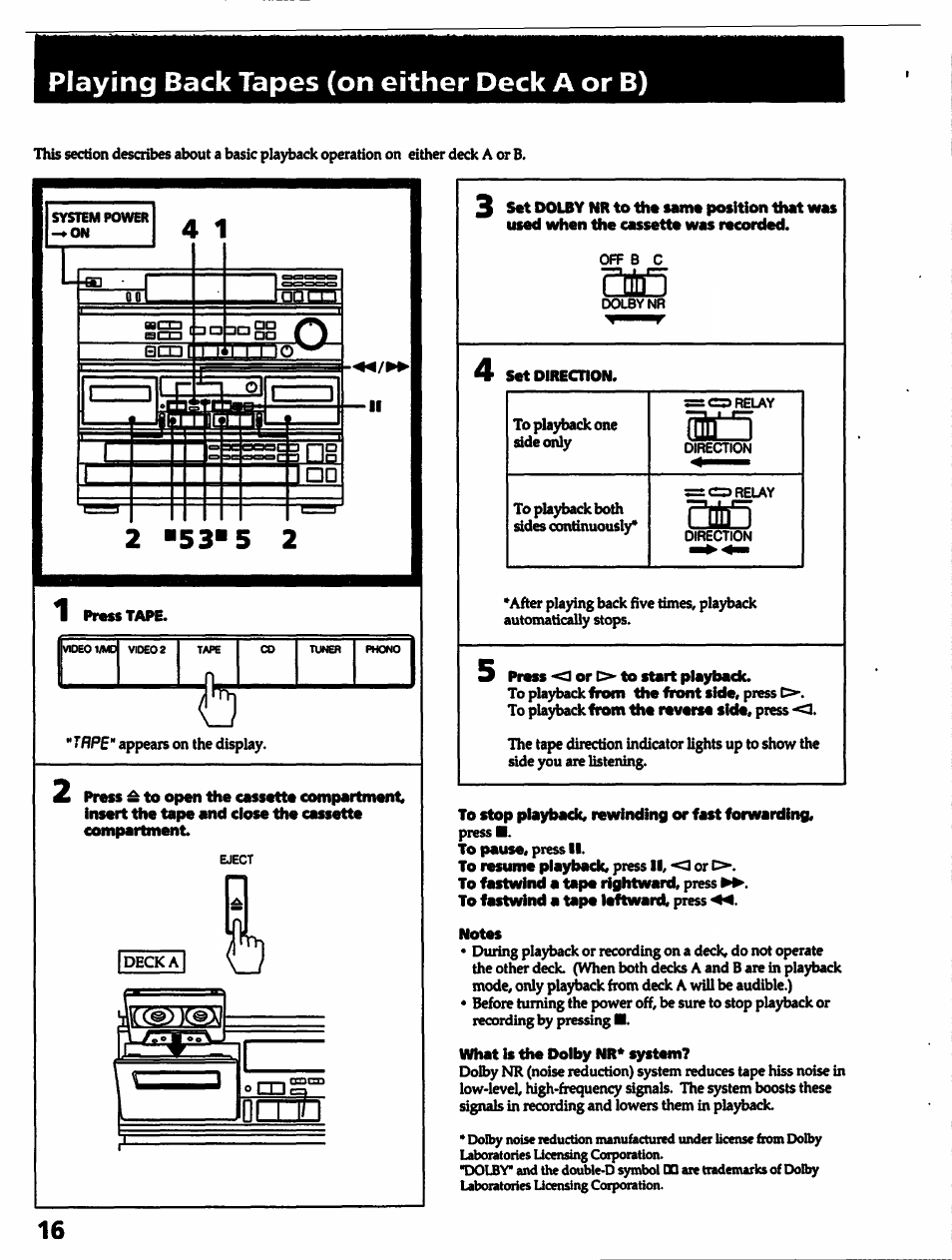 Playing back tapes (on either deck a or b), Press ■<] or o' to start playback, To stop playback, rewinding or fast forwarding | To pause, press ii, To resume playback, press ii, -o or o, To fastwind a tape rightward, press bb, To fastwind a tape leftward, press, Notes, What is the dolby nr* system | Sony HCD-541 User Manual | Page 16 / 32