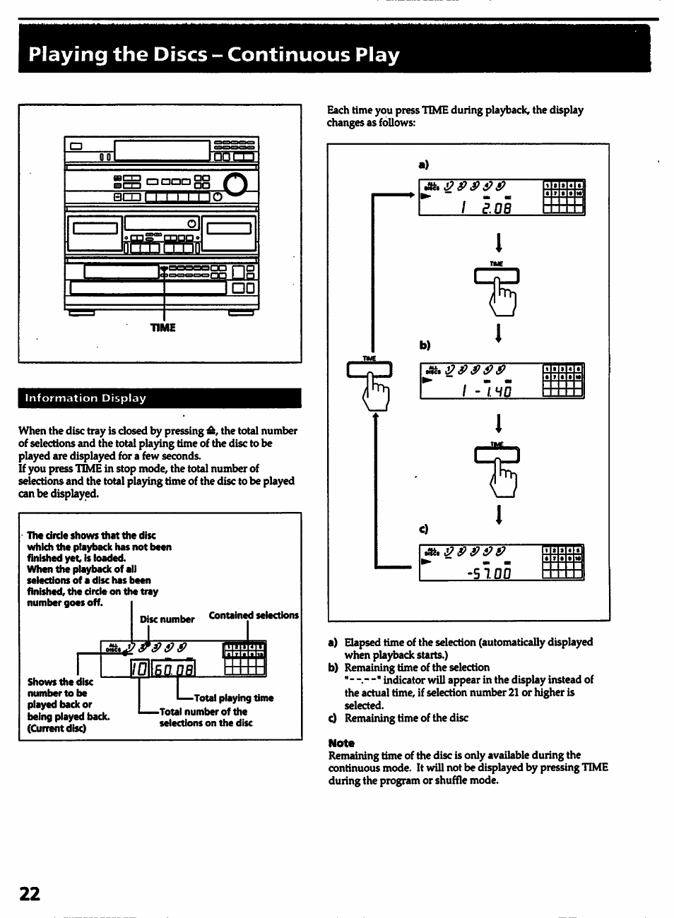 Playing the discs - continuous play, Note, Plsops | Si do | Sony HCD-541 User Manual | Page 22 / 32