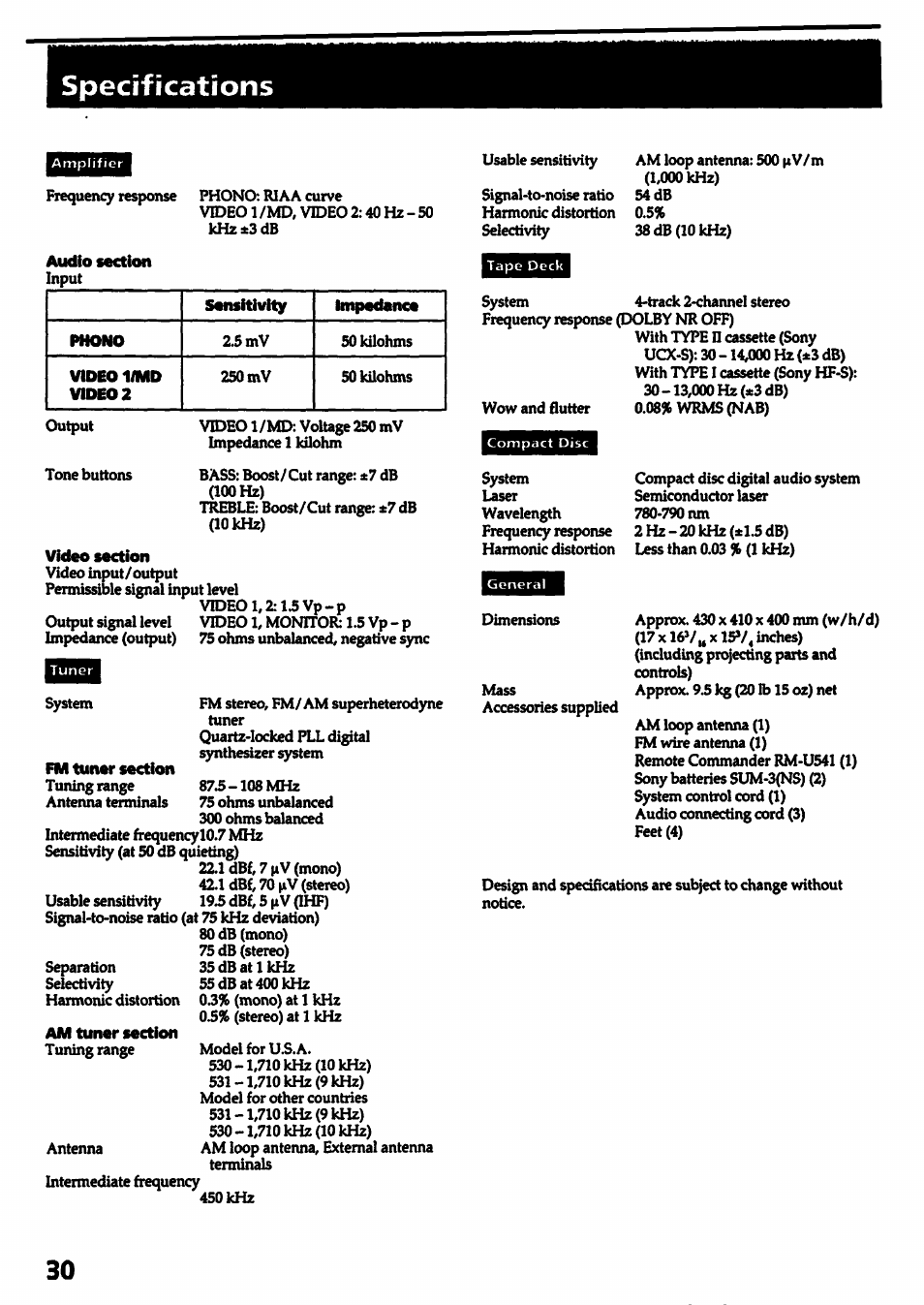 Specifications, Video section, Fm tuner section | Am tuner section | Sony HCD-541 User Manual | Page 30 / 32