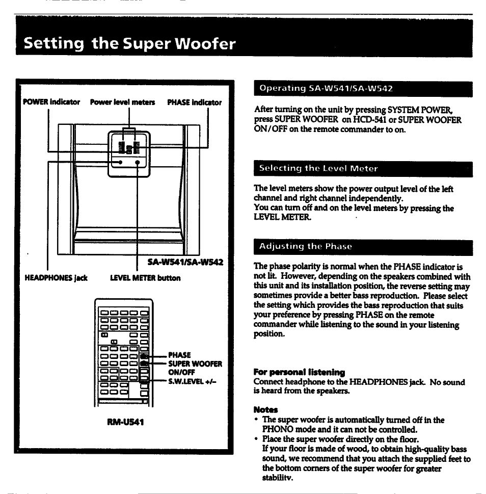 Setting the super woofer, For porsonal listening, Notes | Sony HCD-541 User Manual | Page 7 / 32