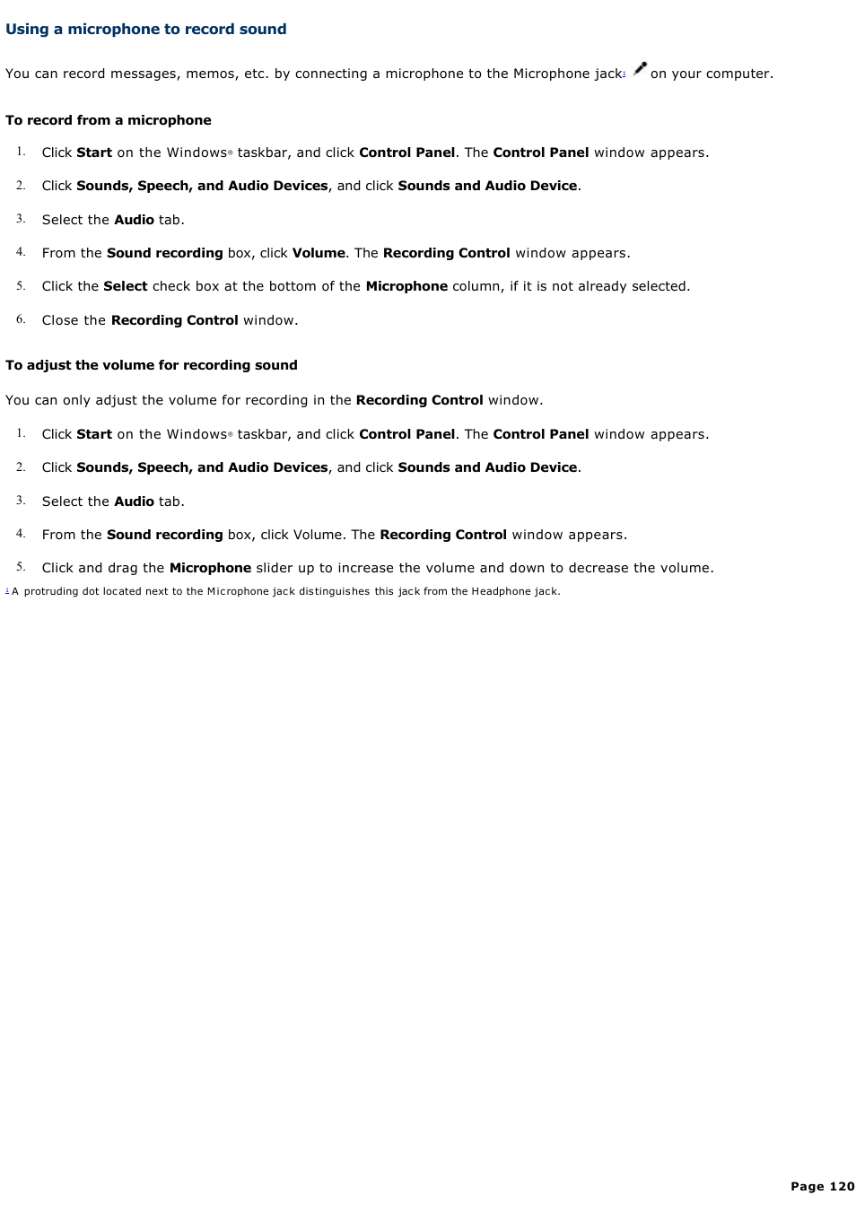 Using a microphone to record sound | Sony VGN-FS550 User Manual | Page 120 / 202