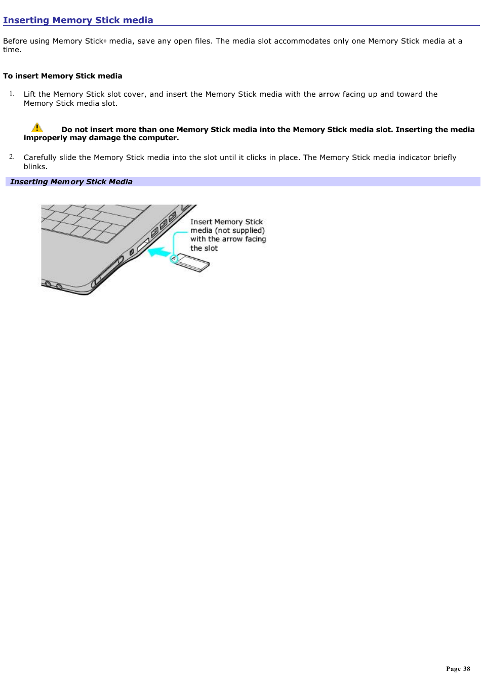 Inserting memory stick media | Sony VGN-FS550 User Manual | Page 38 / 202