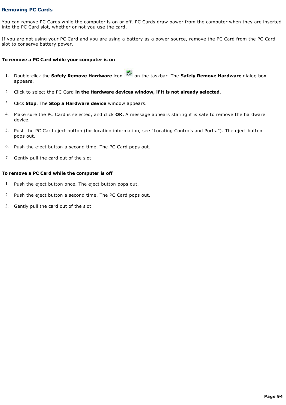 Removing pc cards | Sony VGN-FS550 User Manual | Page 94 / 202