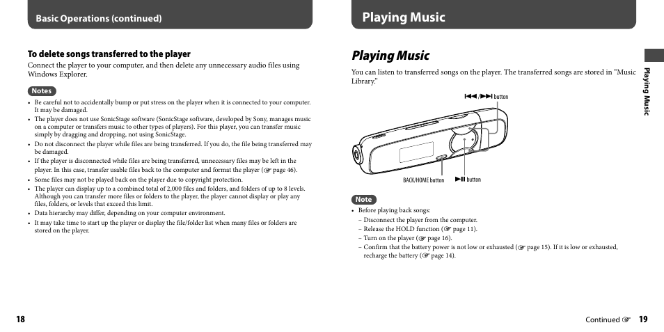 Playing music, Basic operations (continued) | Sony NWZ-B133FBLU User Manual | Page 10 / 38