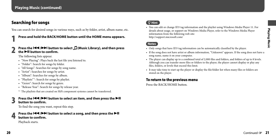Searching for songs | Sony NWZ-B133FBLU User Manual | Page 11 / 38