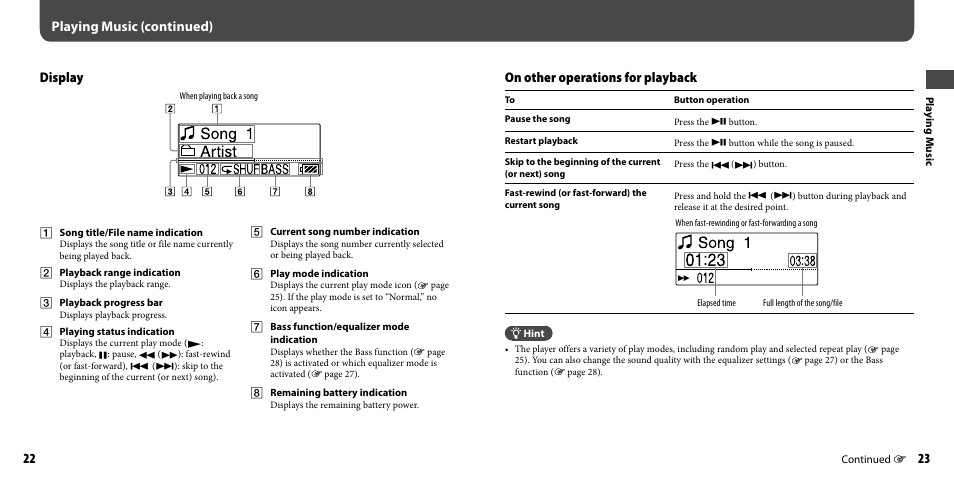 Display, Playing music (continued), On other operations for playback | Sony NWZ-B133FBLU User Manual | Page 12 / 38