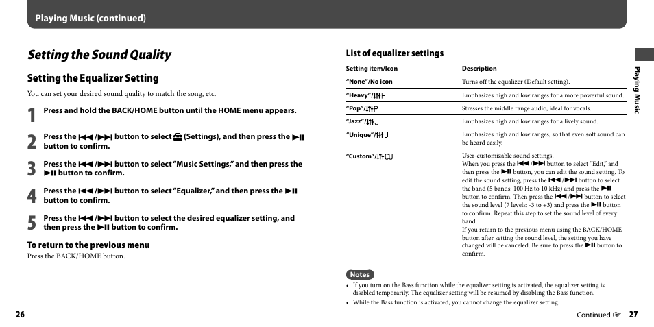 Setting the sound quality, Setting the equalizer setting | Sony NWZ-B133FBLU User Manual | Page 14 / 38
