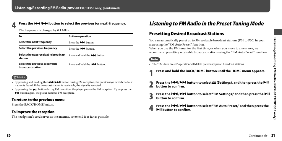 Listening to fm radio in the preset tuning mode, Presetting desired broadcast stations | Sony NWZ-B133FBLU User Manual | Page 16 / 38