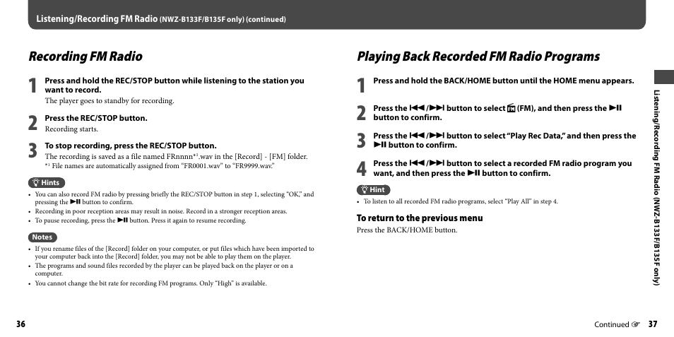 Recording fm radio, Playing back recorded fm radio programs | Sony NWZ-B133FBLU User Manual | Page 19 / 38