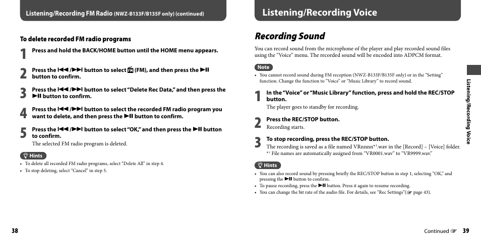 Listening/recording voice, Recording sound | Sony NWZ-B133FBLU User Manual | Page 20 / 38