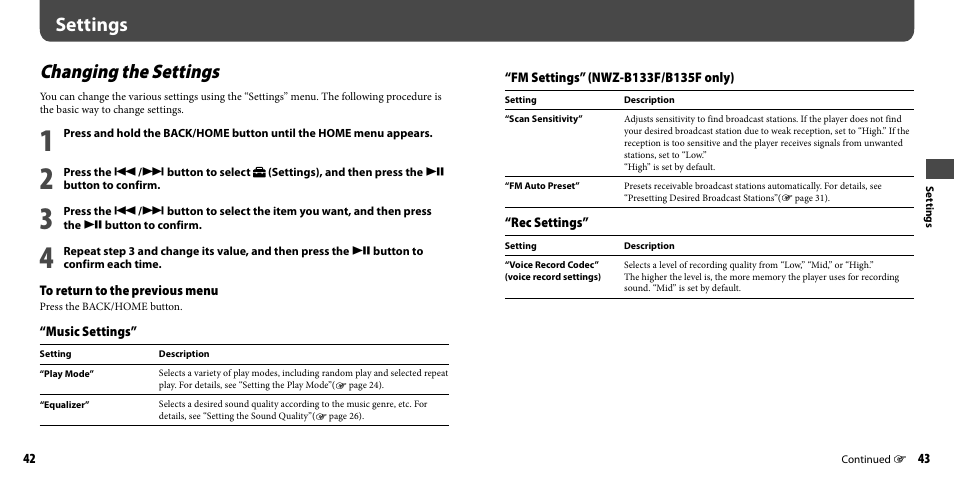 Settings, Changing the settings | Sony NWZ-B133FBLU User Manual | Page 22 / 38