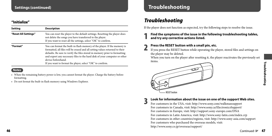 Troubleshooting | Sony NWZ-B133FBLU User Manual | Page 24 / 38
