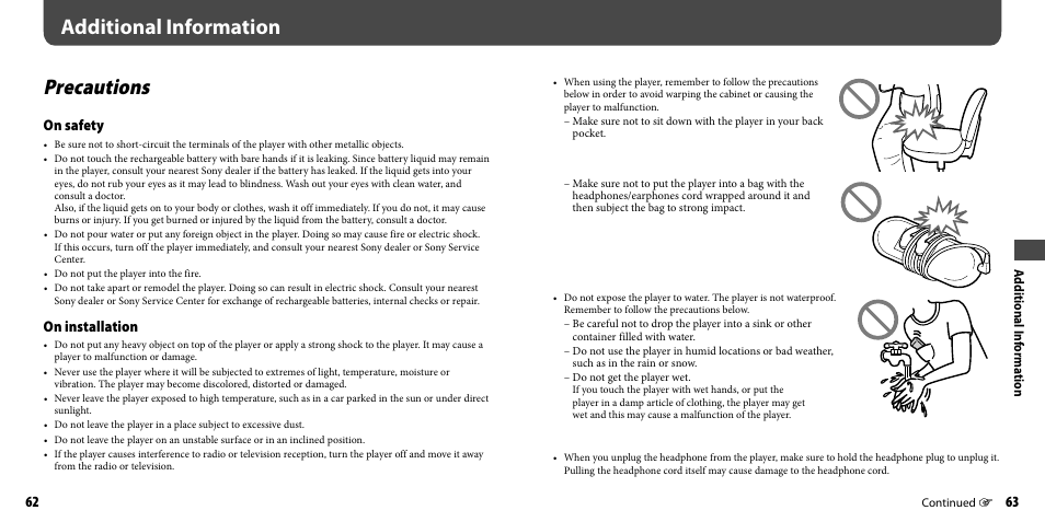 Additional information, Precautions, On safety | On installation | Sony NWZ-B133FBLU User Manual | Page 32 / 38