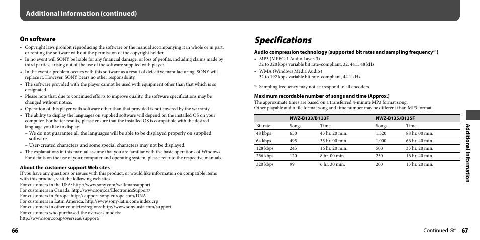 Specifications, On software, Additional information (continued) | Sony NWZ-B133FBLU User Manual | Page 34 / 38