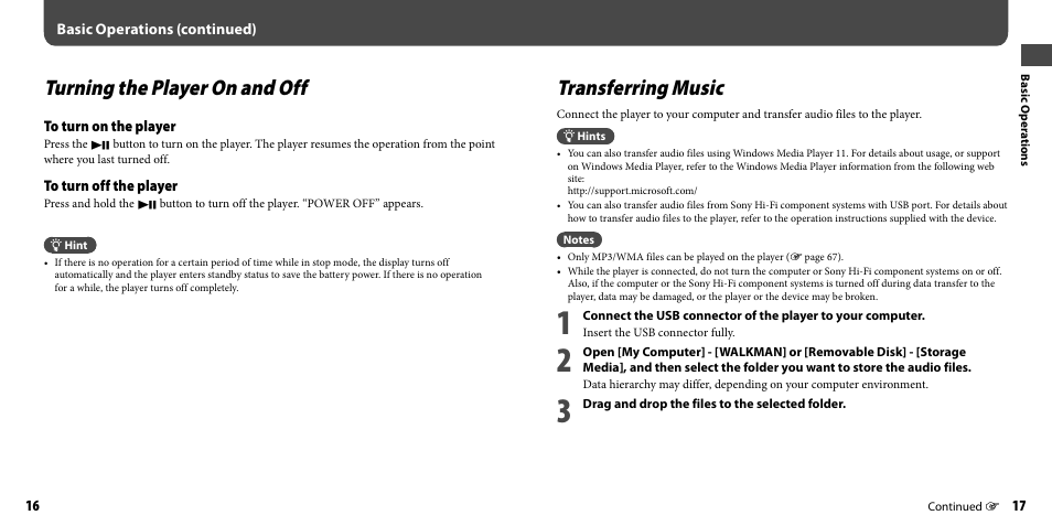 Turning the player on and off, Transferring music, Turning the player on and off transferring music | Sony NWZ-B133FBLU User Manual | Page 9 / 38