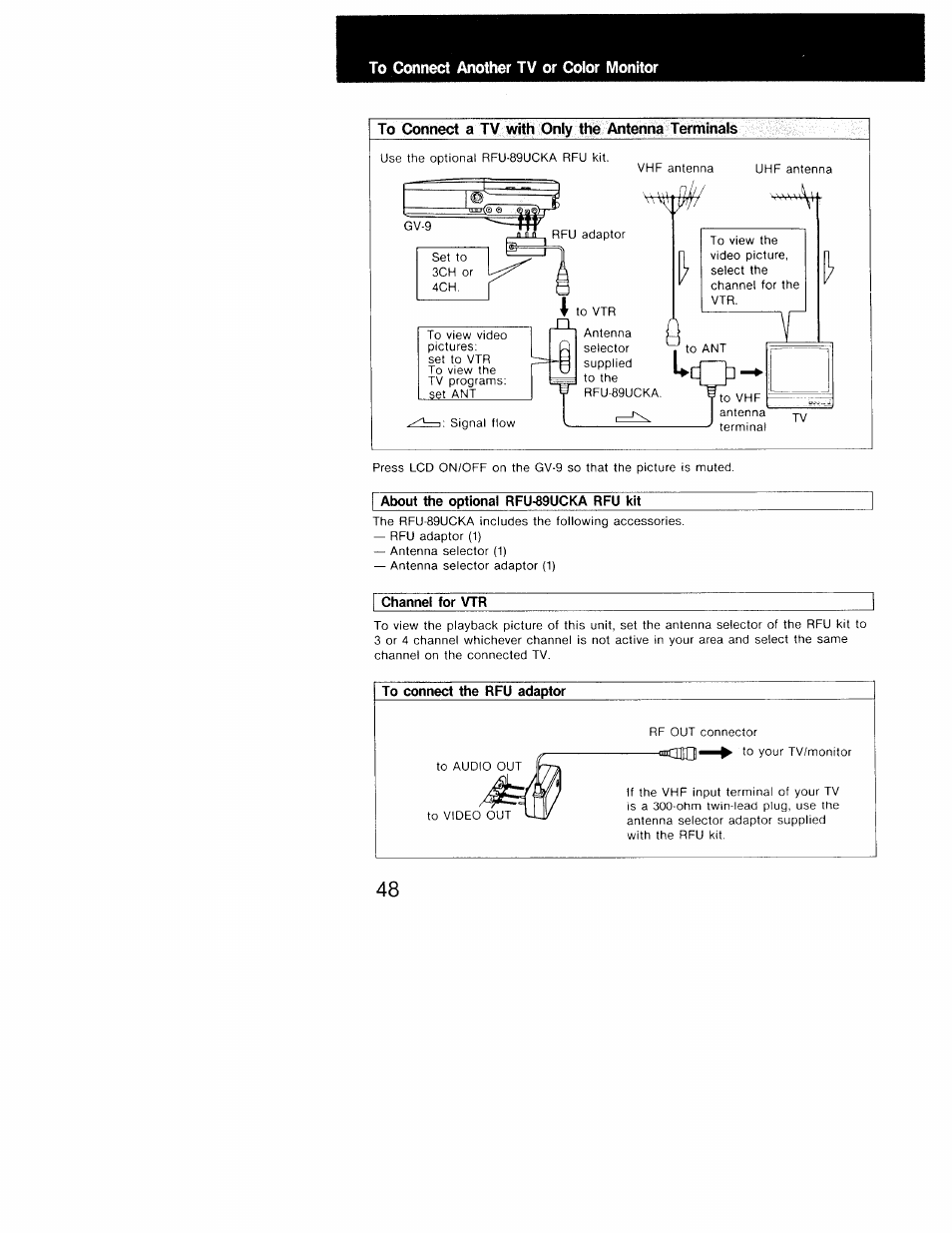 To connect another tv or color monitor, To connect a tv with only the antenna terminals, About the optional rfu-89ucka rfu kit | Channel for vtr | Sony GV-9 User Manual | Page 48 / 60