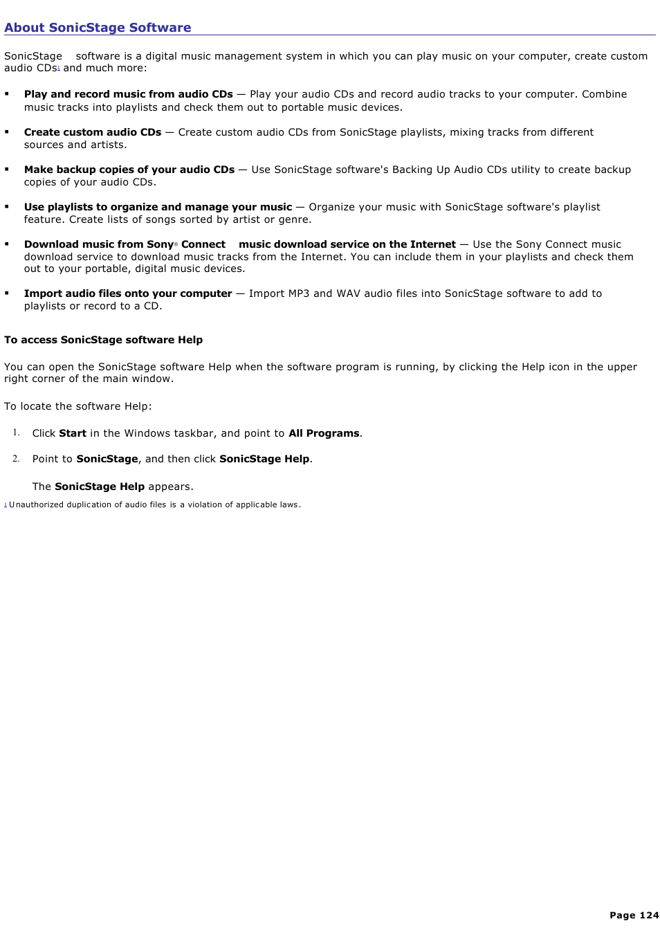 About sonicstage software | Sony VGC-RA718G User Manual | Page 124 / 262
