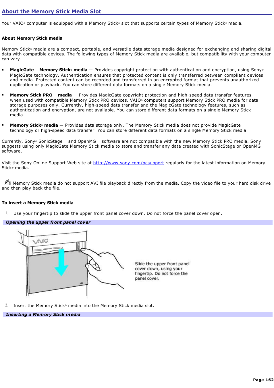 About the memory stick media slot | Sony VGC-RA718G User Manual | Page 162 / 262
