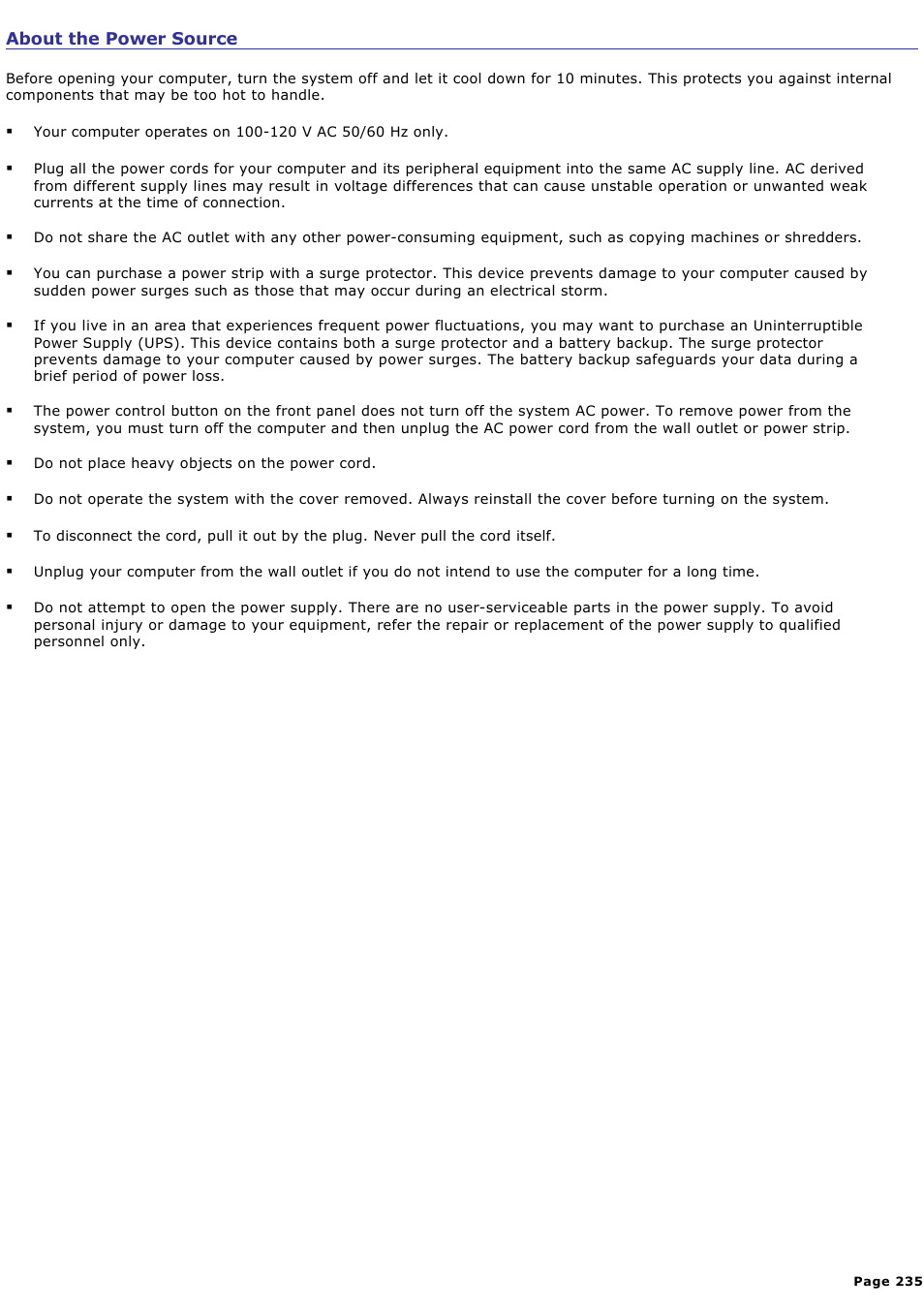 About the power source | Sony VGC-RA718G User Manual | Page 235 / 262
