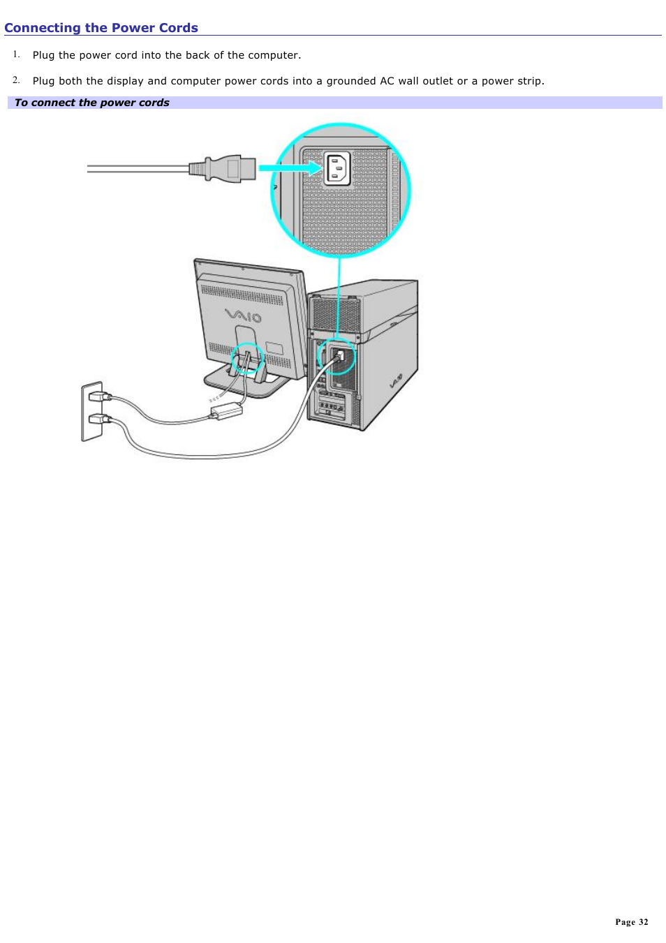 Connecting the power cords | Sony VGC-RA718G User Manual | Page 32 / 262