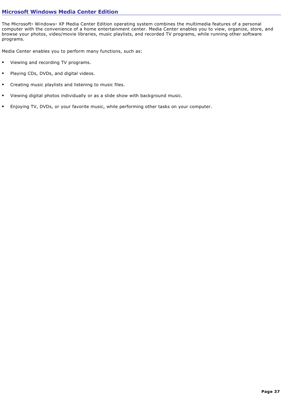 Microsoft windows media center edition | Sony VGC-RA718G User Manual | Page 37 / 262