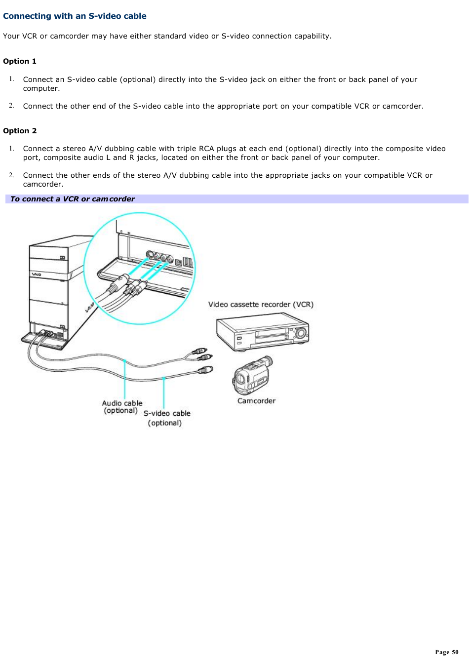 Connecting with an s-video cable | Sony VGC-RA718G User Manual | Page 50 / 262