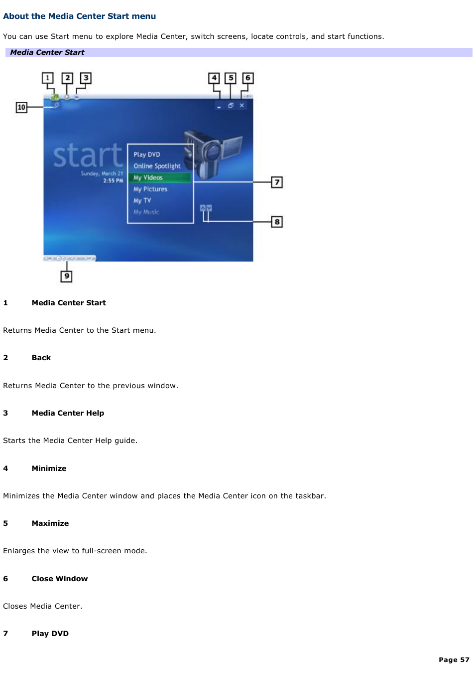 About the media center start menu | Sony VGC-RA718G User Manual | Page 57 / 262