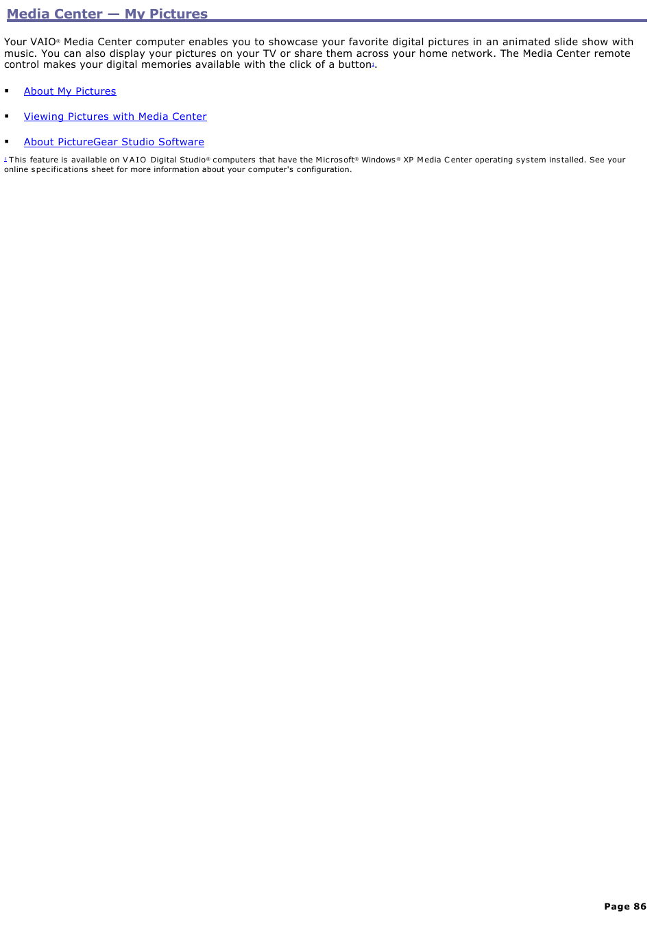 Media center — my pictures, Media center — my pictures | Sony VGC-RA718G User Manual | Page 86 / 262
