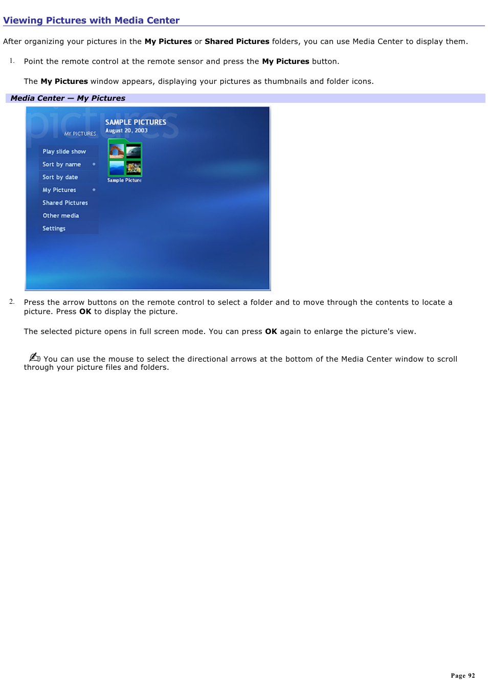 Viewing pictures with media center | Sony VGC-RA718G User Manual | Page 92 / 262