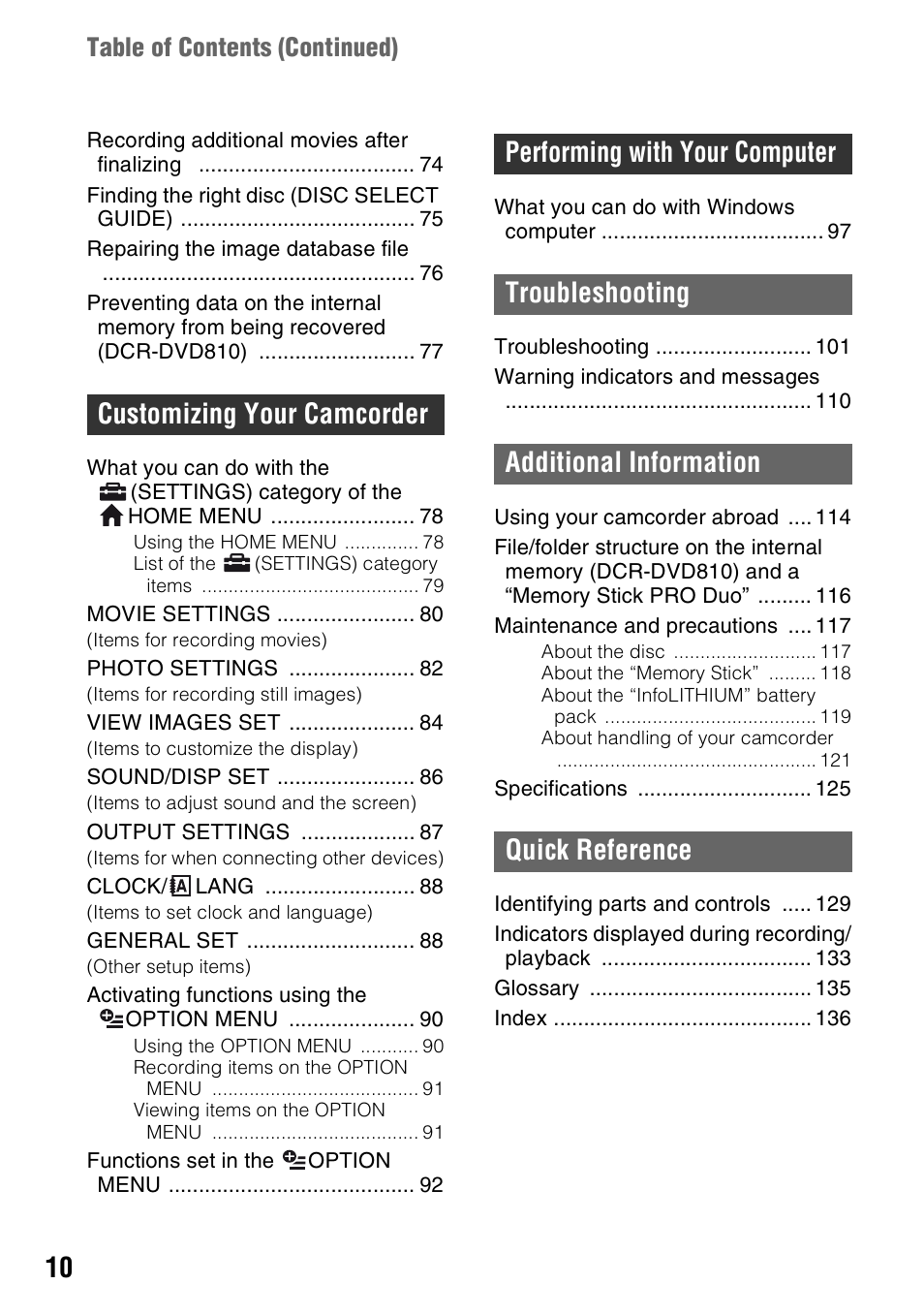 Table of contents (continued) | Sony DCR-DVD710 User Manual | Page 10 / 159
