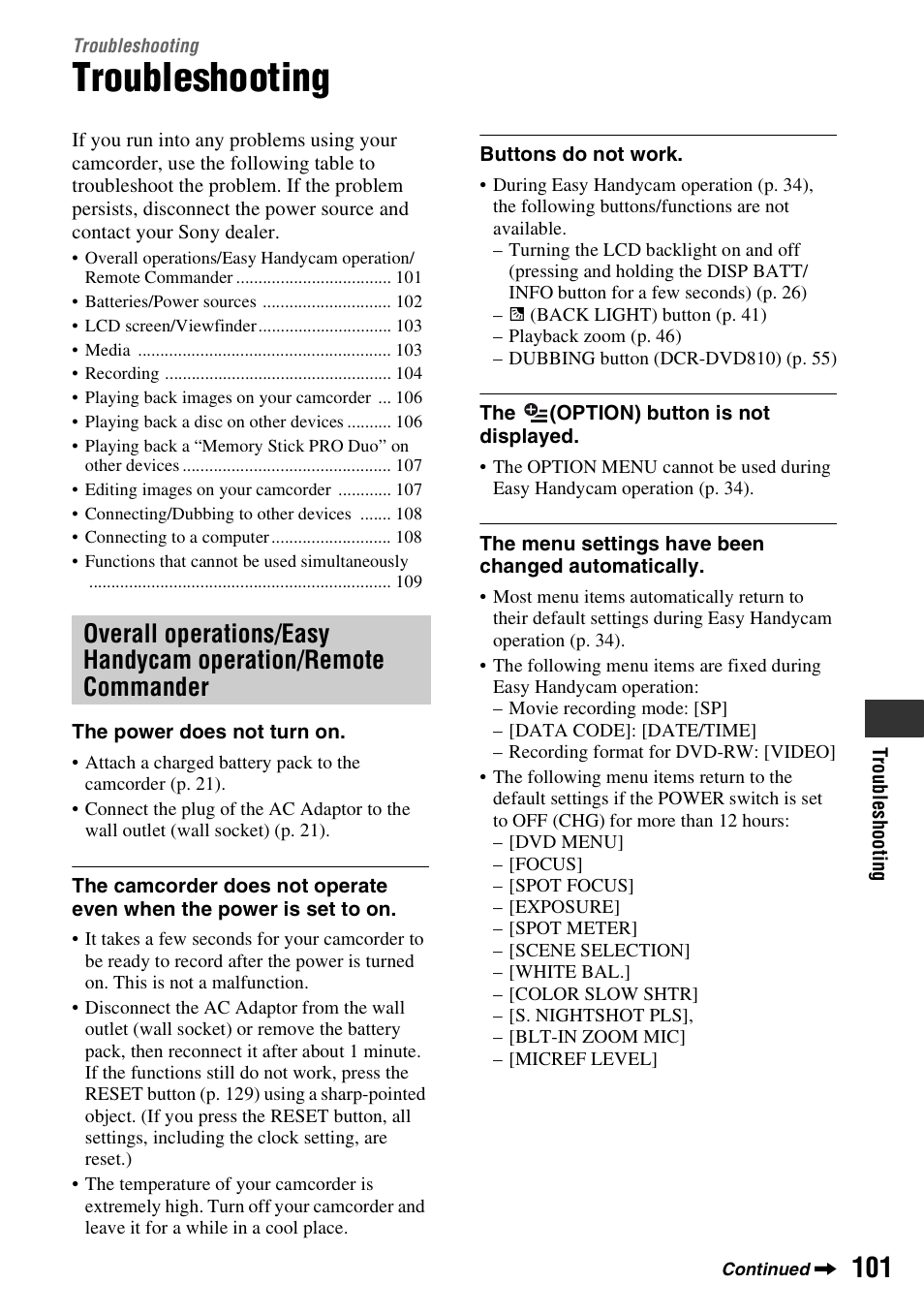 Troubleshooting | Sony DCR-DVD710 User Manual | Page 101 / 159