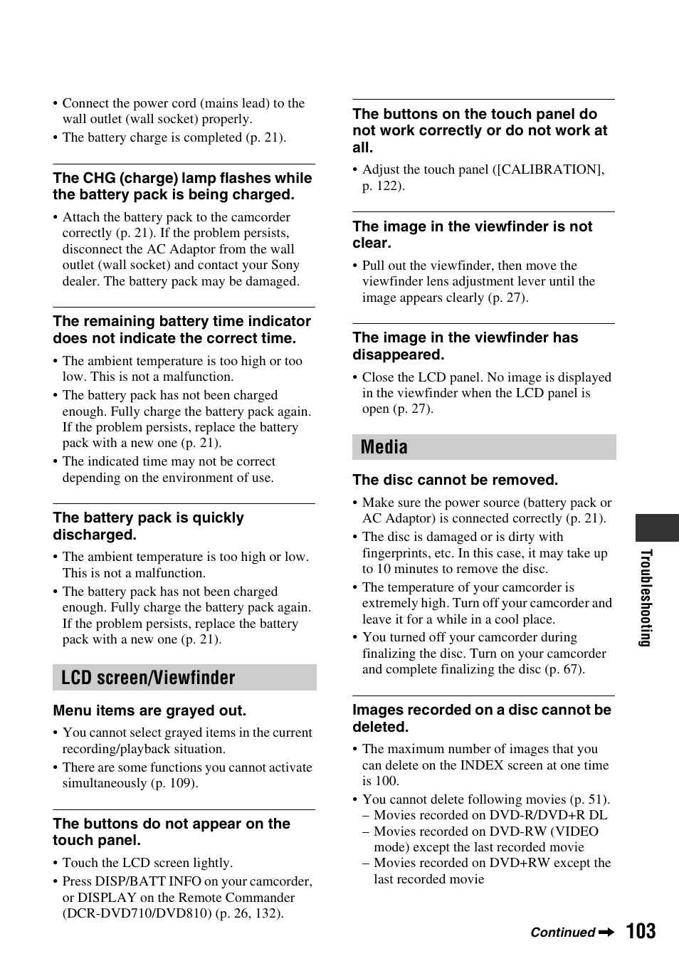Lcd screen/viewfinder, Media, Lcd screen/viewfinder media | Sony DCR-DVD710 User Manual | Page 103 / 159
