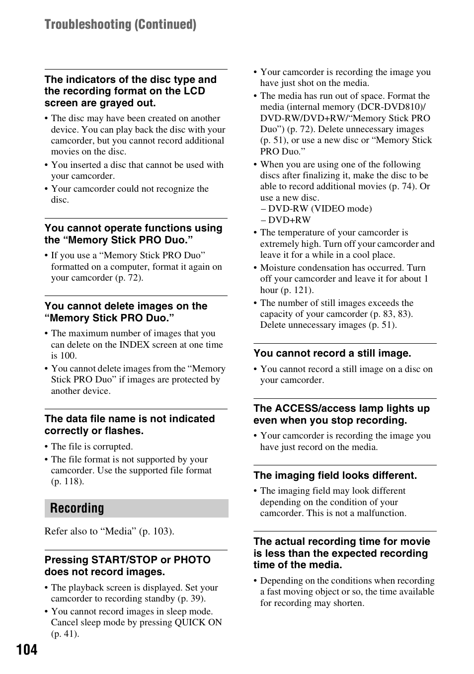 Recording, Troubleshooting (continued) | Sony DCR-DVD710 User Manual | Page 104 / 159