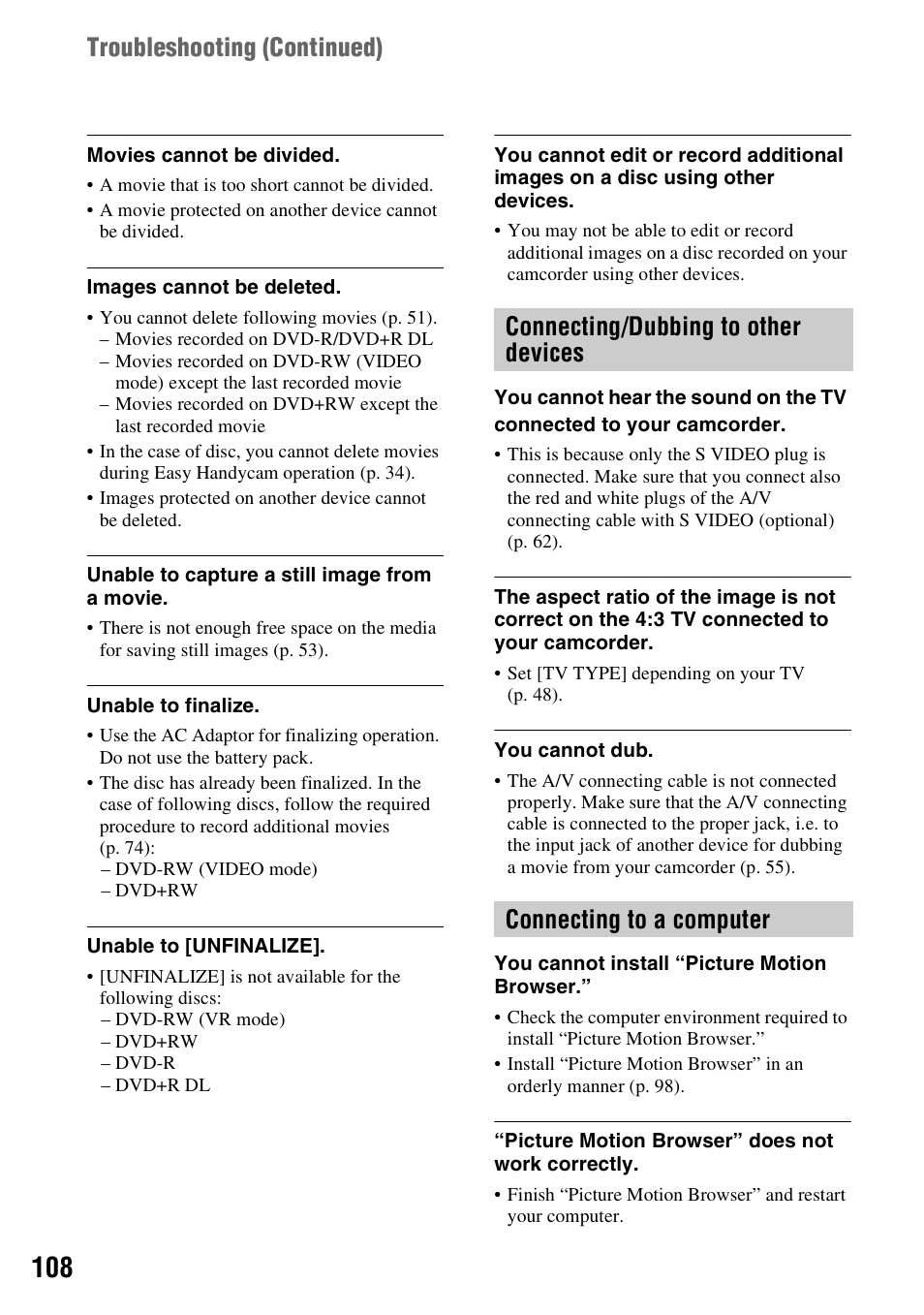 Connecting/dubbing to other devices, Connecting to a computer, Troubleshooting (continued) | Sony DCR-DVD710 User Manual | Page 108 / 159
