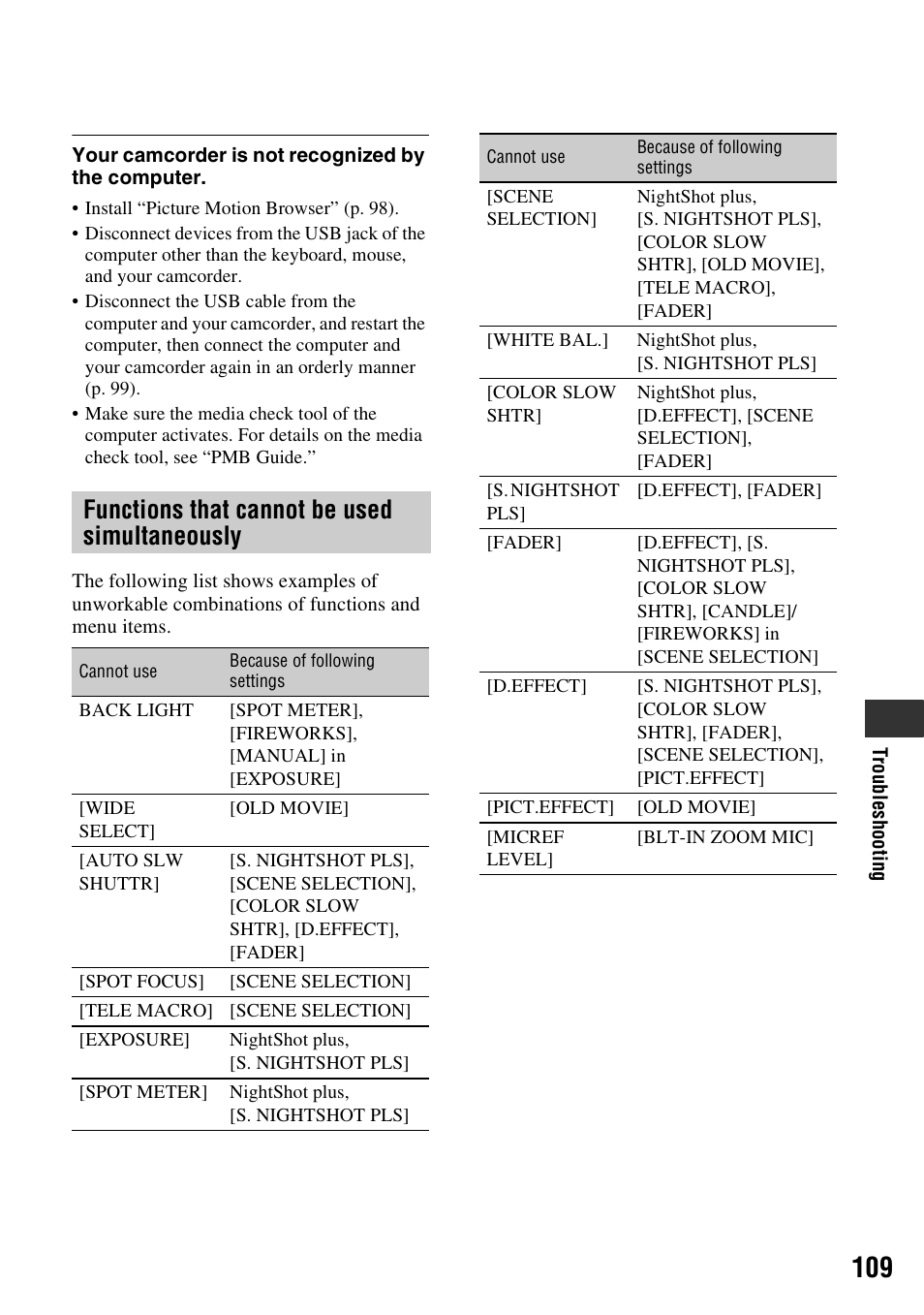 Functions that cannot be used simultaneously, P. 109) | Sony DCR-DVD710 User Manual | Page 109 / 159