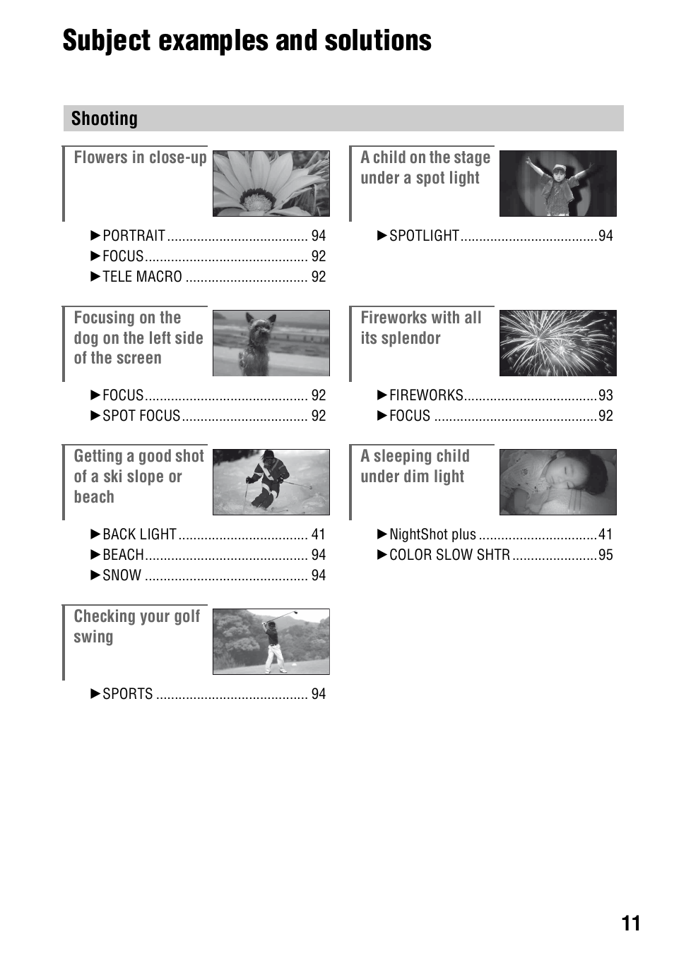 Subject examples and solutions, Shooting | Sony DCR-DVD710 User Manual | Page 11 / 159