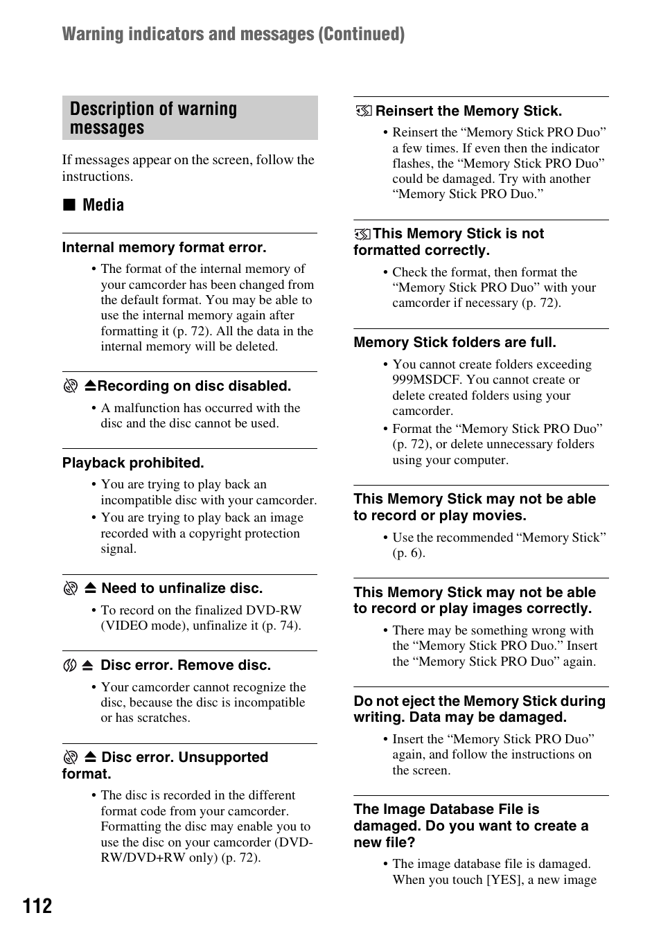 Warning indicators and messages (continued), Description of warning messages | Sony DCR-DVD710 User Manual | Page 112 / 159